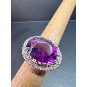 Sterling Silver Purple Fluorite & White Topaz Halo Ring Size 6